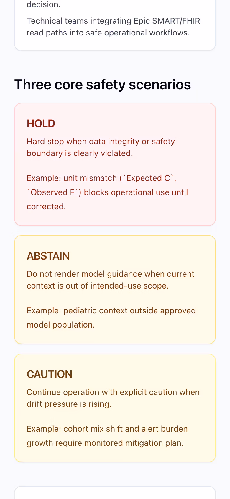 Turing launch workflow showing HOLD, ABSTAIN, and CAUTION policy outcomes with operational sequence